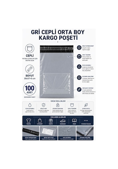 Gri Cepli Orta Boy Kargo Poşeti 30x37+5 Cm 100 Adet