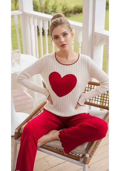 Bella Notte Kırmızı Nakışlı Kalp Detaylı Uzun Kollu Pijama Takımı