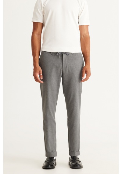 AC&Co / Altınyıldız Classics Erkek Grı Slim Fit Dar Kesim Beli Bağlamalı Desenli Esnek Pantolon Gri