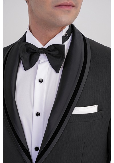 Slim Fit Çıkarılabilir Saten Yaka Tek Düğme Siyah Damatlık Smokin Takım Black 073 Siyah