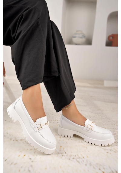 Nesilshoes Nesil Shoes Diva 2854 Beyaz Hakiki Deri Tokalı Kadın Ayakkabı