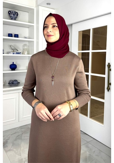 Rabia Şamlı Öykü Çelik Örme Triko Elbise Sütlü Kahve Normal