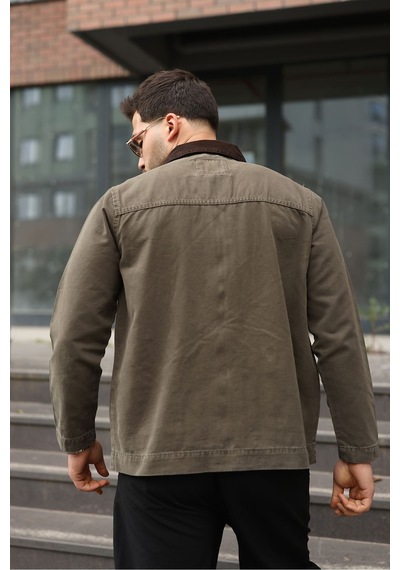 Little Cup Jeans Co Erkek Haki Garni Yaka Spor Canvas Mont