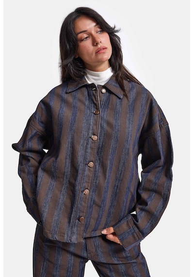 Kadın Kahve Kot Çizgili 1w6-7 Oversize Denim Ceket