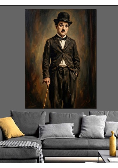 Bastonlu Şık Charlie Chaplin Tablosu Dekoratif Kanvas - Mdf Ahşap Tablo
