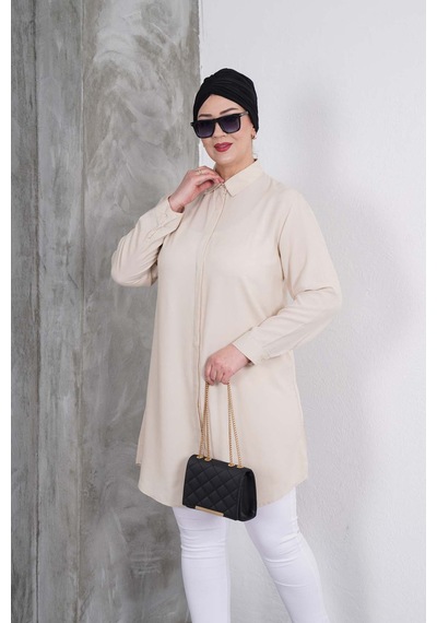 Polologin Butik Açık Bej Klasik Gömlek Tunik Bej