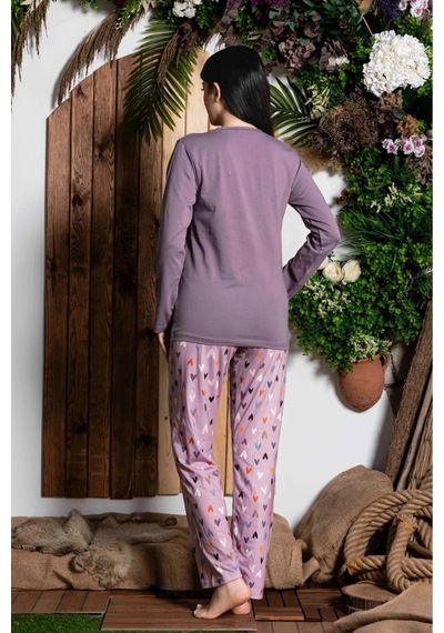 Lukitus Uzun Kol Likralı Desenli Kadın Pijama Takımı Mürdüm