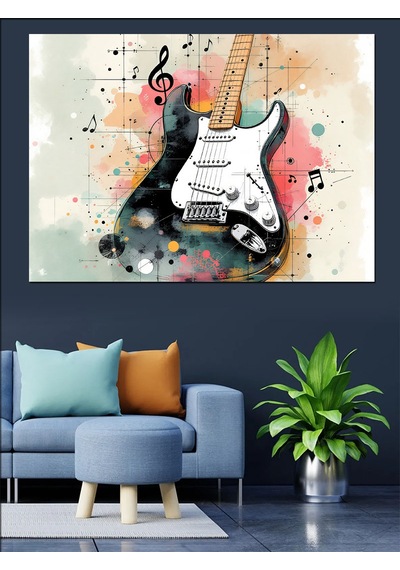 Siyah Beyaz Gitar Sıçraması Dekoratif Kanvas - Mdf Ahşap Tablo