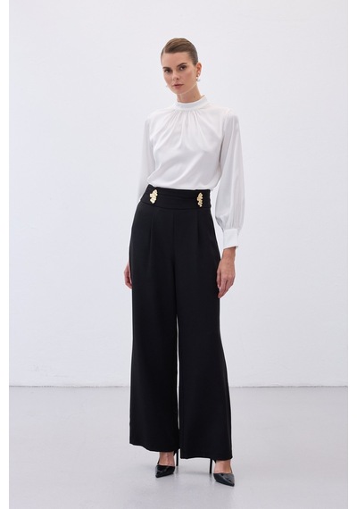 Sateen Bel Aksesuarlı Pantolon - Siyah-136488 Siyah