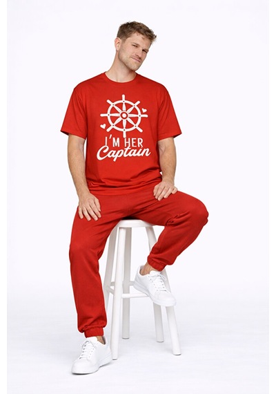 Sevgili Kombini Oversize Çift Tişört Unisex Captain Anchor Baskıl Kırmızı