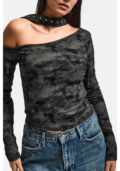it's basic Kadın Siyah Antrasit W5 Asimetrik Kesim Özel Kumaş Tasarım Crop Top