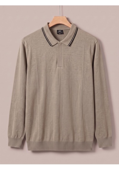 Maccali Erkek Bej Büyük Beden Gizli Fermuarlı Polo Yaka Triko Sweatshirt