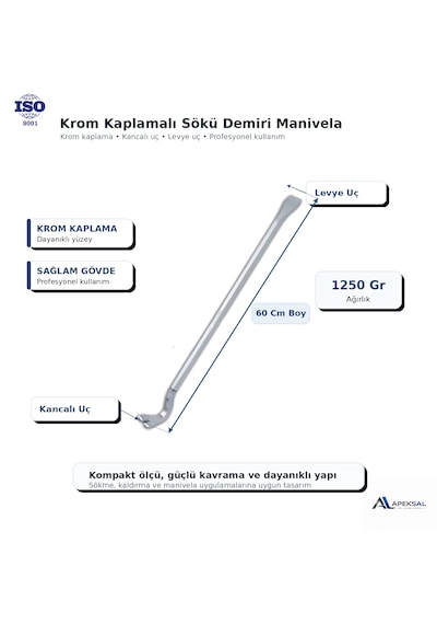 Krom Kaplamalı Sökü Demiri 45cm 60 Cm 75 Cm Kancalı Manivela Levye
