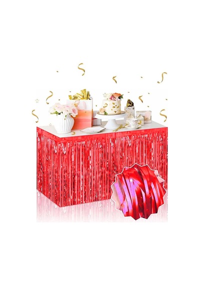 Kendinden Yapışkanlı Kırmızı Metalize Püsküllü Masa Eteği - 75 X 275 Cm Parti Süslemesi "
