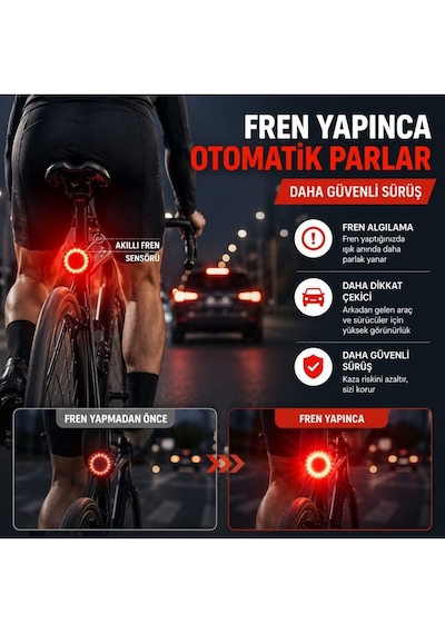 Luve Store Akıllı Bisiklet Arka Stop Lambası Fren Sensörlü Type-c Şarjlı Ipx6 Suya Dayanıklı 5 Modlu Led Işık Siyah