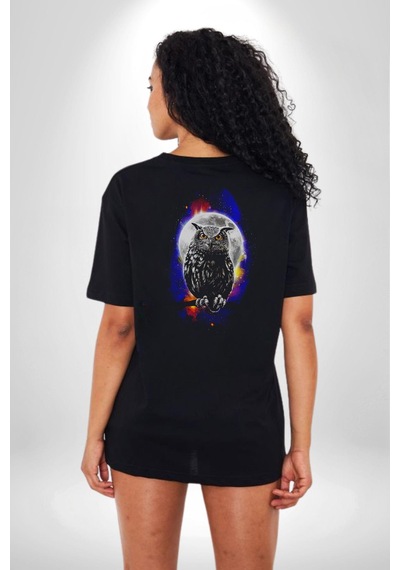 Baykuş Ay Gece Uğur Pamuklu Unisex Oversize Sırt Dijital Baskılı Siyah T-shirt Siyah