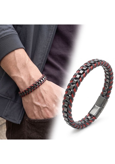 Premium Parlak Ve Şık Kırmızı Siyah Biyeli Deri Örgü 316l Çelik Zincir Bileklik 31834b25d2 21 Cm Siyah - Kırmızı