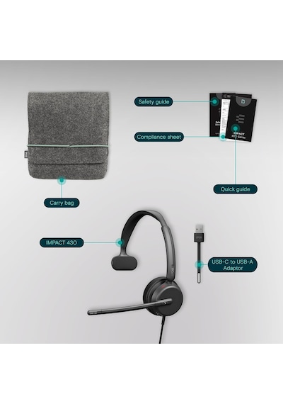 Impact 430 - Çift Mikrofonlu Mono Kulak Üstü Kulaklık, Gürültü Engelleme, Usb-c/usb-a Bağlantısı, Ev Ofisi, Tak Ve Çalıştır, Yakınlaştırma, Uc - Mono