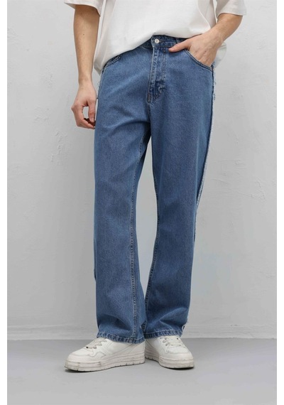 Vamos Yan Dikiş Detaylı Baggy Jean Mavi