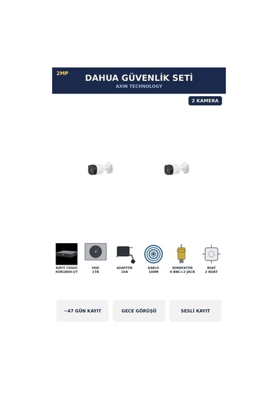 2 Kameralı 2mp Güvenlik Kamera Seti Sesli Gece Görüşlü Bullet Dış Mekan 1tb 47 Gün Kayıt