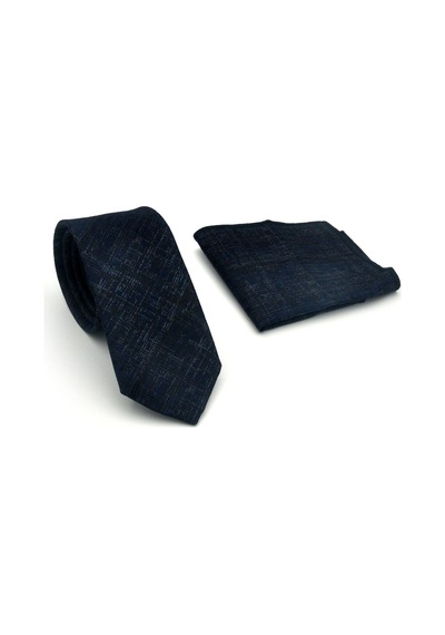Gaffy Mavi Kırcıl Desenli Lacivert Dokuma Kumaş Mendilli Slim Fit Kravat // Sdk-2610-2 Lacivert