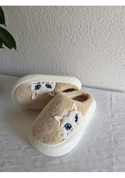 Kadın Kedili Peluş Rahat Ev Terliği 25bnt133 Bej