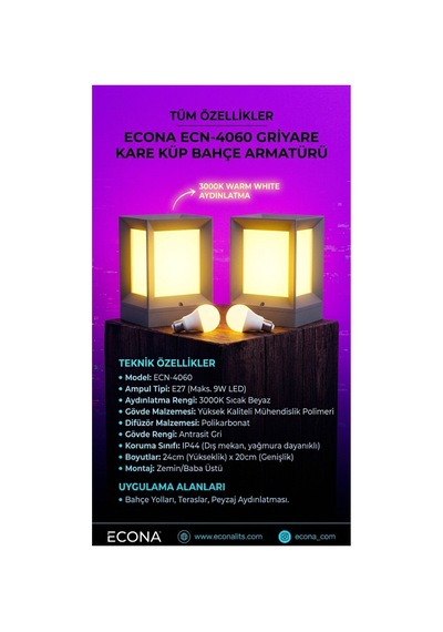 2 Adet Ecn-4060 Antrasit Dekoratif Kare Küp Set Üstü Abs Bahçe Aydınlatma Armatürü Set Üstü Dekoratif Aplik,baba Üstü,9w Led Ampul Dahil 3000k