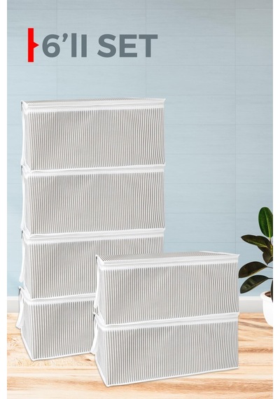 6 Adet Gri Çizgili Büyük Baza Altı Ve Çekyat Tipi Hurç 65 X 45 X 22 Cm Tela 45 X 65 Gri Tr Diğer
