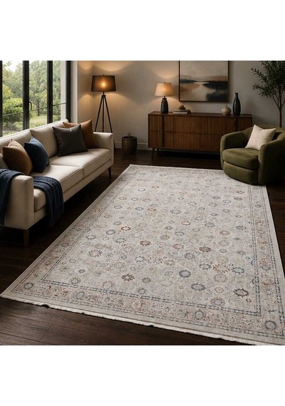 Otantik Modern Eskitme Saçaklı Dokuma Salon Halısı Krem Mavi Kiremit 200x290 Cm 1