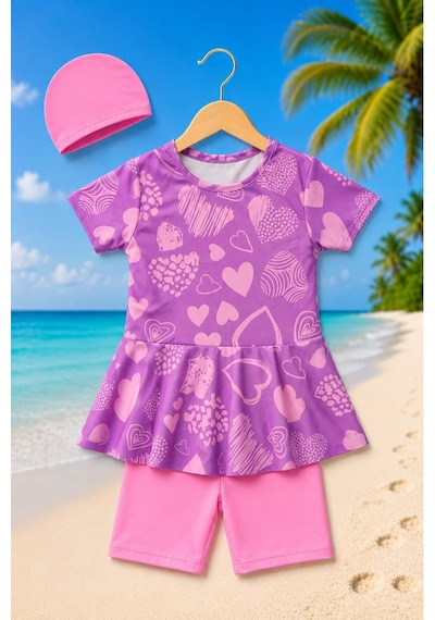 My Kids Wear Kız Çocuk Desenli Şortlu Bone Li Mayo Takımı 12875 Mor - Pembe