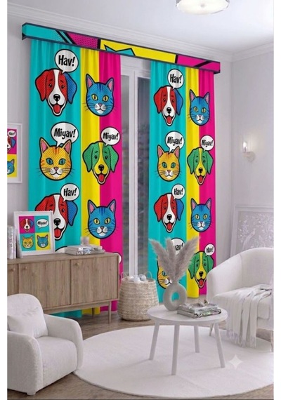 Bebek Çocuk Odası Fon Perdesi 140x260 Cm 2 Kanat Sevimli Desenli Dekoratif Dijital Baskılı Premium Çocuk Odası Perdesi Mavi
