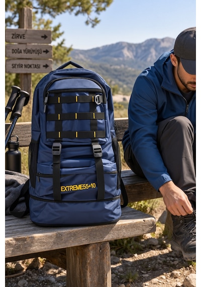 Dağcı Çantası Kolonlu Mavi Outdoor Trekking Sırt Çantası 57x37x19 Cm Desenli