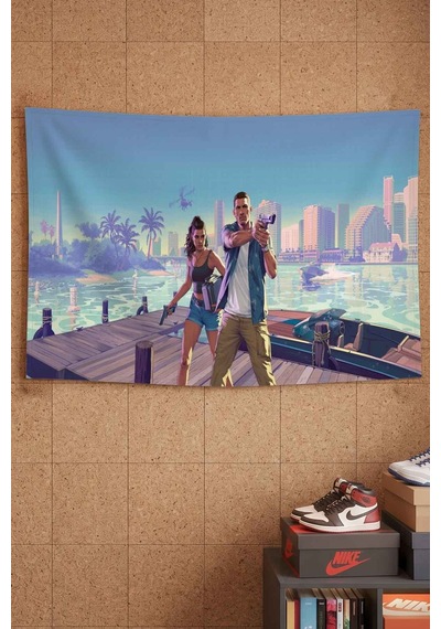 Gta 6 Miami Sahil Silahlı Karakterler Dekoratif Duvar Örtüsü Duvar Halısı Beyaz