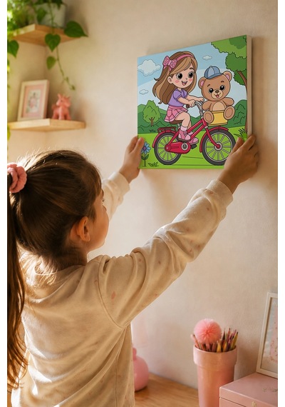 Ayıcıklı Bisiklet Boyama Tuvali Şövalesiz Boya Seti 20x20