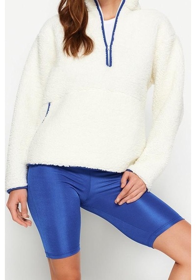 Ersefa Tarz Regular Dik Yaka Düşük Kol Regular Peluş Örme Spor Sweatshir beyaz