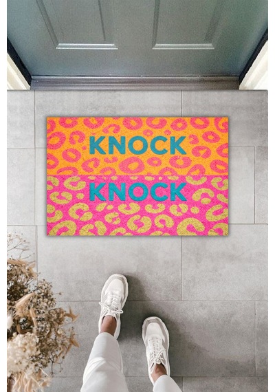 Rugmood Modern Dijital Baskı Paspas - Knock Knock Yazılı Leopar Desenli Kapı Önü Paspası Çok Renkli