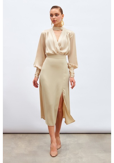 Sateen Yırtmaçlı Saten Etek - Bej