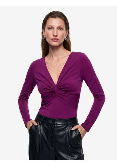 Koton Sandy Kumaş Uzun Kollu Slim Fit Düğüm Detaylı V Yaka Tişört Mürdüm 7wak50075ek Mor