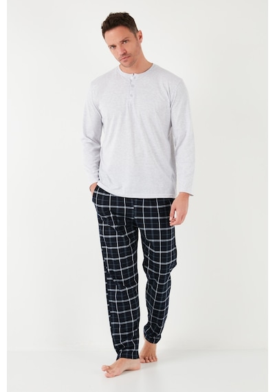 Buratti Ekoseli Pamuklu Beli Lastikli Regular Fit Uzun Kollu Erkek Pijama Takımı 6572003 Gri Melanj