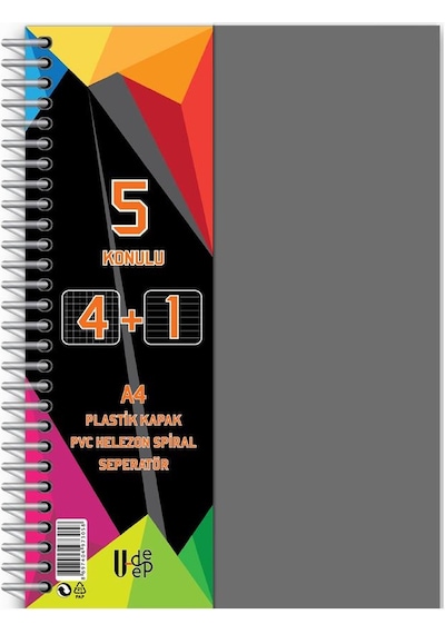 4+1 Ayraçlı Defter 5 Konulu 125 Yaprak 1 Adet 4 Kareli 1 Çizgili Spralli Plastik Kapak Seperatörlü Gri