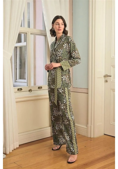Ang Butik Kadın Çiçek Yaprak Ve Etnik Desenli Pijama Takımı Siyah