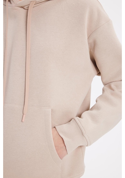 Tudors Kadın Oversize Geniş Kesim Pamuklu Yumuşak Dokulu İçi Polarlı Basic Bej Kapüşonlu Sweatshirt-42080 Bej