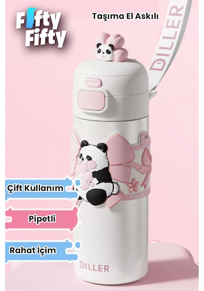 Dıller 480 Ml Tek Kapak Çift Kullanım Pipetli/pipetsiz Taşıma El Askılı Vacum Cup/çelik Termos -ffd9317-480 Beyaz
