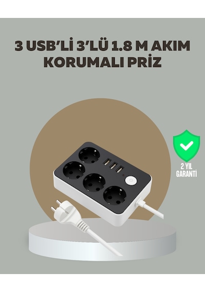 4 Prizli 3 Usb Portlu Anahtarlı Akım Korumalı Priz 2