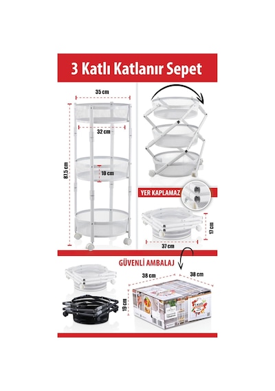 3 Katlı Pratik Katlanır Metal Beyaz Renk Tekerlekli Sepet Patates Soğanlık - Çok Amaçlı Organizer Beyaz