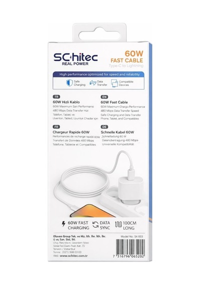 Schitec 60w Type-c To Lightning Data Ve Hızlı Şarj Kablosu Telefon, Apple Uyumlu iPad  Beyaz Sk003