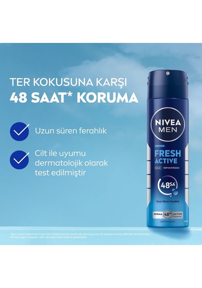 Erkek Sprey Deodorant Fresh Active 150 Ml,ter Kokusuna Karşı 48 Saat Koruma,okyanus Özleri,uzun Süren Ferahlık,alüminyum İçermeyen Formül 2 Paketi