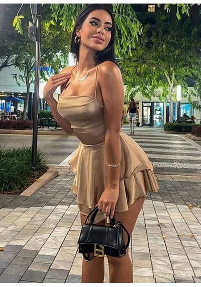 Kabarık Kat Etekli Sırt Korseli Kokteyl Kadın Tek Renk Saten Gece Kokteyl Tulum Pudra