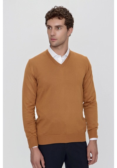Morven Basic Dinamik Fit Rahat Kesim V Yaka Triko Kazak 99kc017004408 Camel