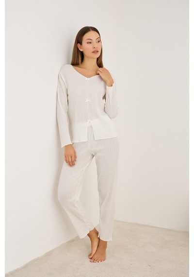 Siyah İnci Fitilli Kaşkorse Uzun Kollu Pijama Takım 7937 Ekru